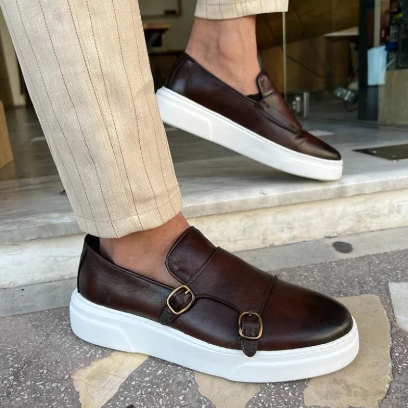 Men's Faux Leather Slip-On Shoes with Double Buckle
