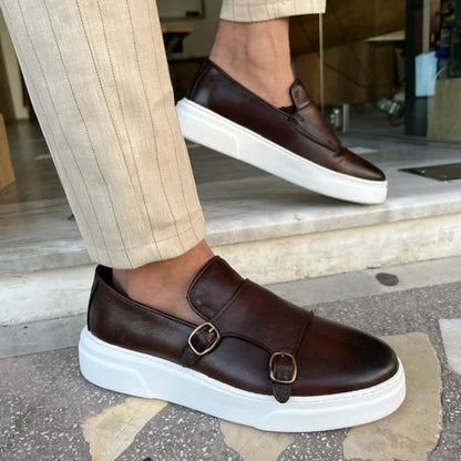Men's Faux Leather Slip-On Shoes with Double Buckle