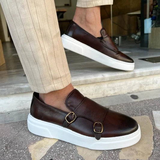 Men's Faux Leather Slip-On Shoes with Double Buckle
