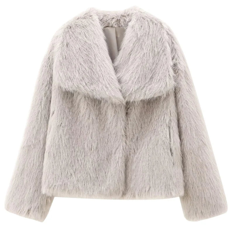 Women’s Plush Faux Fur Crop Jacket - Long Sleeve Stylish Coat