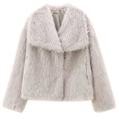 Women’s Plush Faux Fur Crop Jacket - Long Sleeve Stylish Coat