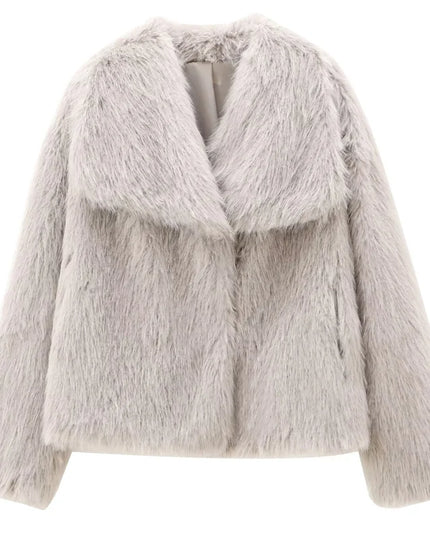 Women’s Plush Faux Fur Crop Jacket - Long Sleeve Stylish Coat
