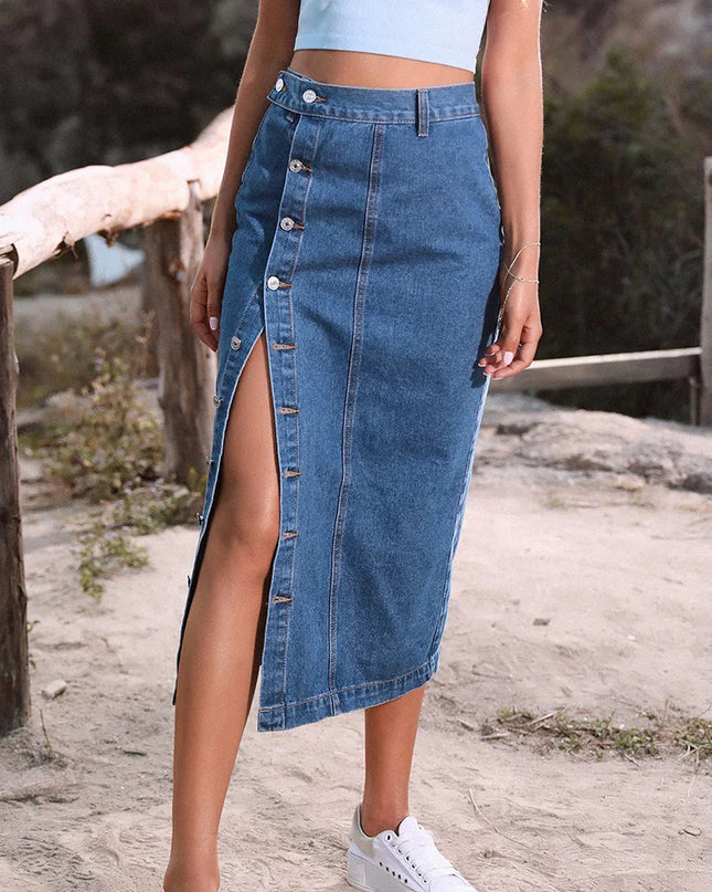 Elegant Women's Denim Skirt - High Waist Button Skirt with Side Split