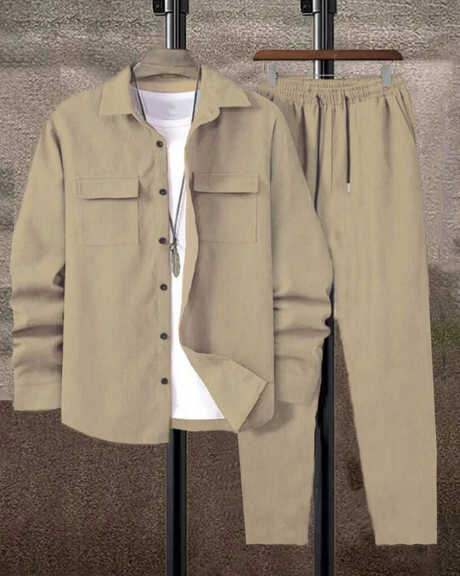 Men's Corduroy 2-Piece Shirt and Pants Set - Long Sleeve Button-Front Casual Outfit for Men