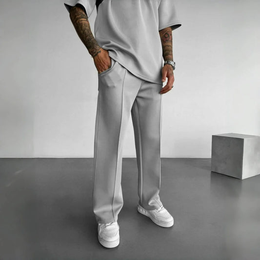 Men's Casual Pants with Single-Line Pleats and Elastic Drawstring Waist