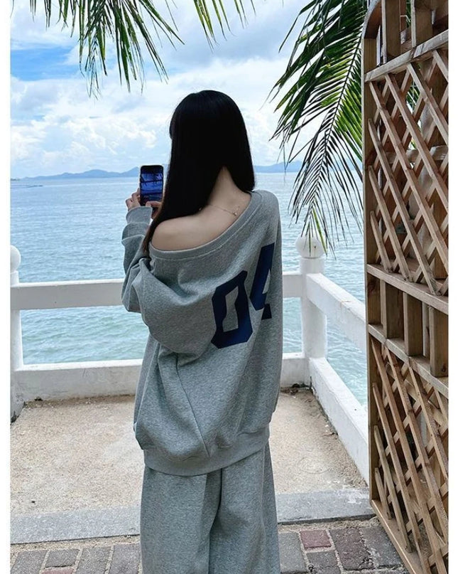 Women's Casual 2-Piece Outfit Set - Oversized Letter Print Off-Shoulder Sweater & Pants Se
