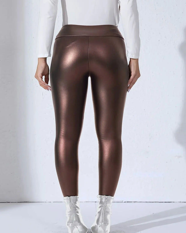 Women’s PU Leather Fleece-Lined Slim Fit Skinny Pants with Pockets, High Waist Elastic Design