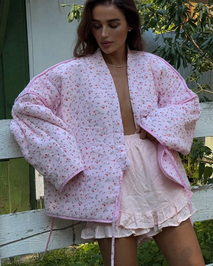 Floral Print Loose-Fit Pink Lace-Up Jacket for Women