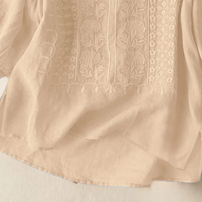 Women's Cotton Linen T Shirts Lace Crochet Embroidery Blouses Round Neck 3/4 Sleeve Casual Tops Thin Breathable Shirts Clothes