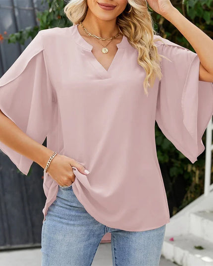Women's Chiffon Blouse with Flare Sleeves - V-Neck Loose Fit