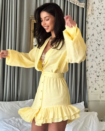 Women's Ruffled Shirt Dress with Deep V-Neck, Loose Lantern Sleeves