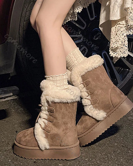 Women's Warm Fur-Lined Lace-Up Fluffy Plush Ankle Boots with Cotton Padding