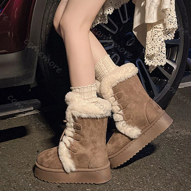 Women's Warm Fur-Lined Lace-Up Fluffy Plush Ankle Boots with Cotton Padding