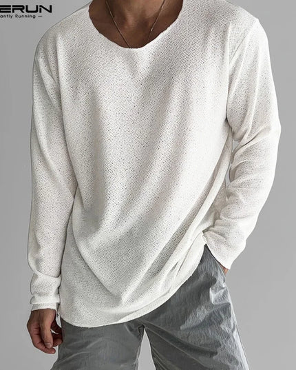 Person wearing a textured white long-sleeve shirt and gray pants on a gray background with 'INCERUN' branding.