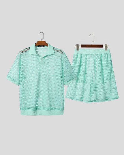 Incerun Men's Two-Piece Hollow Out Lapel Short Sleeve T-Shirt and Short Set