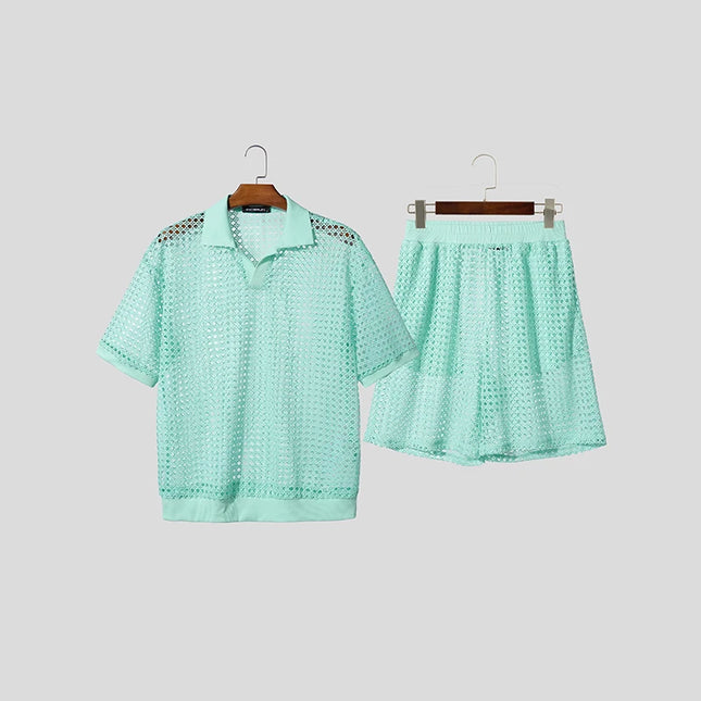 Incerun Men's Two-Piece Hollow Out Lapel Short Sleeve T-Shirt and Short Set
