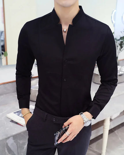 Slim Fit Long Sleeve Stand Collar Shirt for Men - Various Colors