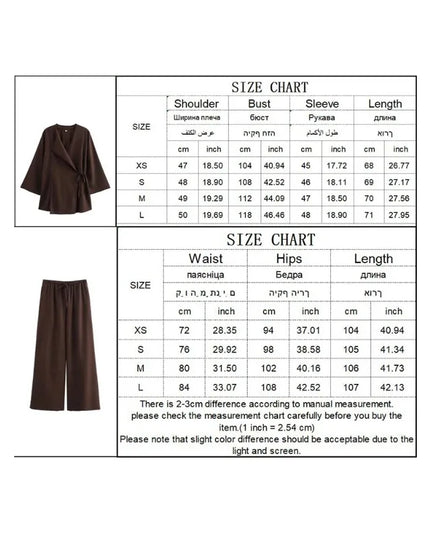 Linen Women's 2-Piece Set: Kimono Style Loose Lace-Up Shirt and Wide Leg Pants