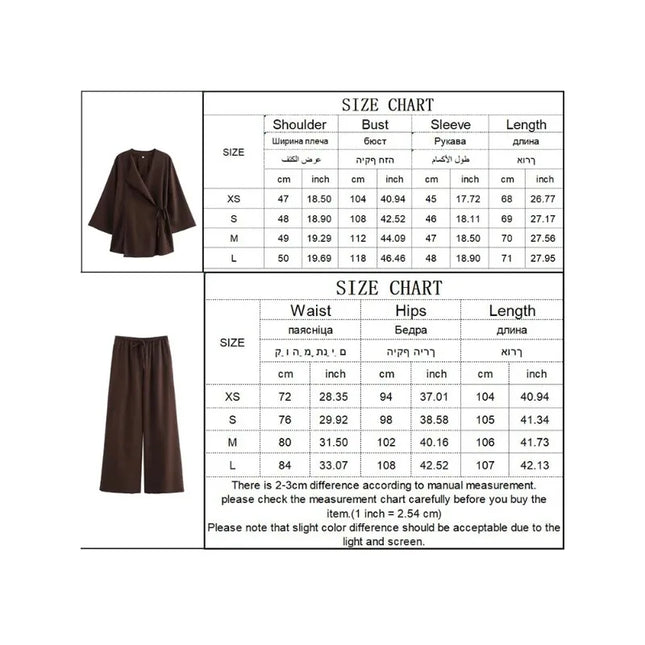 Linen Women's 2-Piece Set: Kimono Style Loose Lace-Up Shirt and Wide Leg Pants