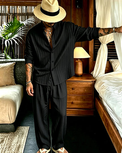 Men’s Textured Vertical-Stripe Two-Piece Set with Loose Button-Down Shirt and Drawstring Pants