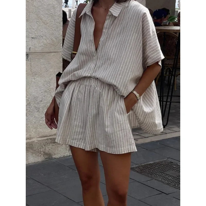 Stylish Women's Two-Piece Set - Striped Shirt & Lace-Up Shorts