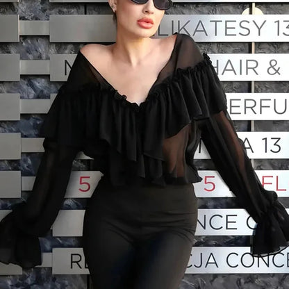 Elegant Women's Chiffon Blouse with V-Neck, See-Through Design, Ruffle Details