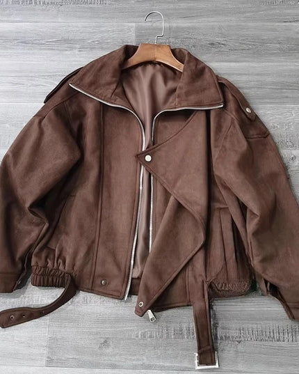 Women's Retro Faux Lapel Suede Jacket - Loose Fit
