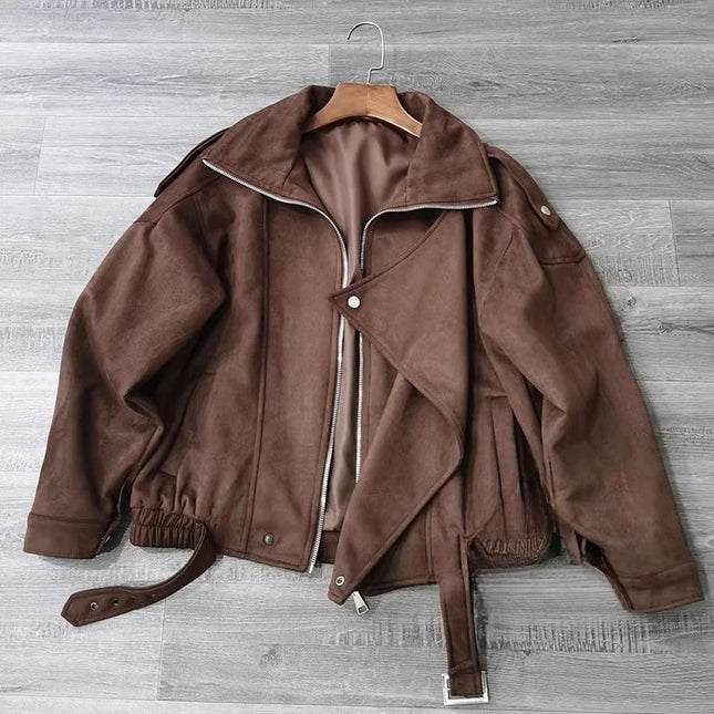 Women's Retro Faux Lapel Suede Jacket - Loose Fit