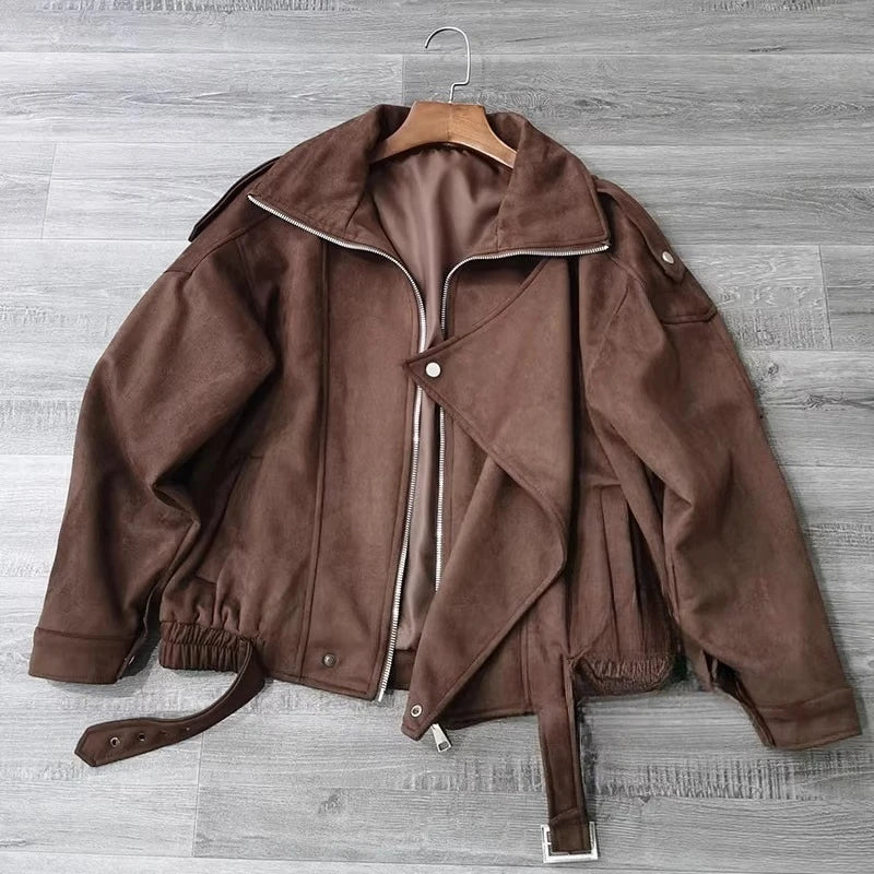 Women's Retro Faux Lapel Suede Jacket - Loose Fit