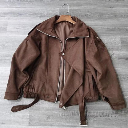 Women's Retro Faux Lapel Suede Jacket - Loose Fit