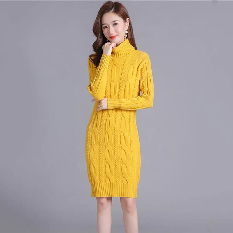 Women's Oversized Knitted Turtleneck Twist Sweater Dress