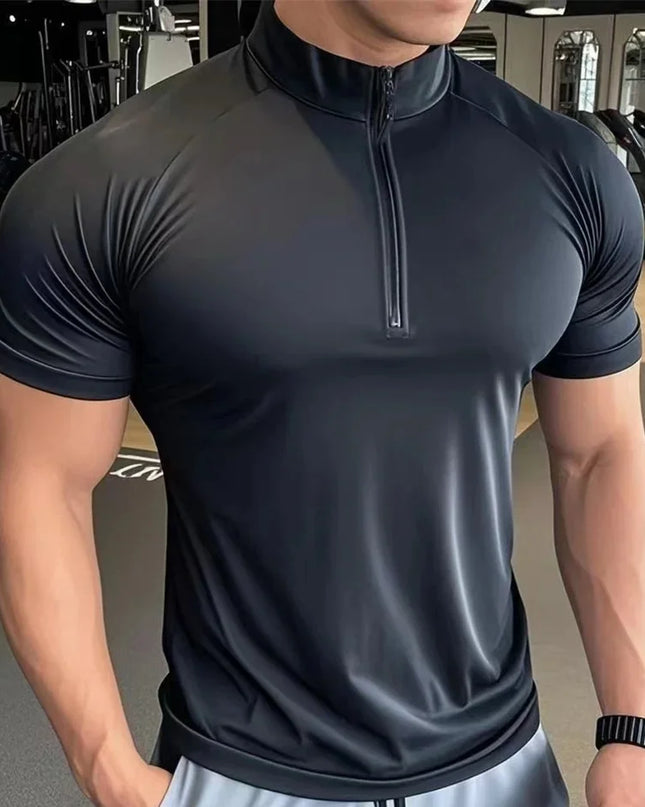 Men's Quick-Dry Elastic T-Shirt with Zippered Round Neck