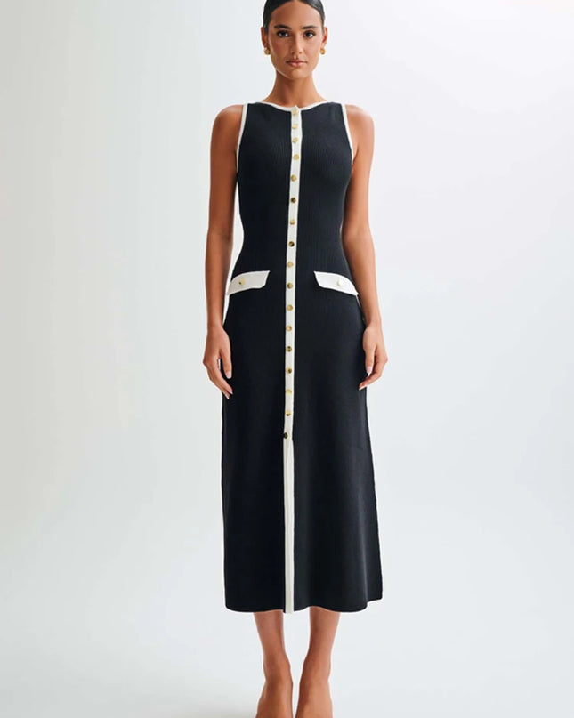 Women's Knit Ribbed Maxi Dress with High Waist, Slim Fit, and Pockets