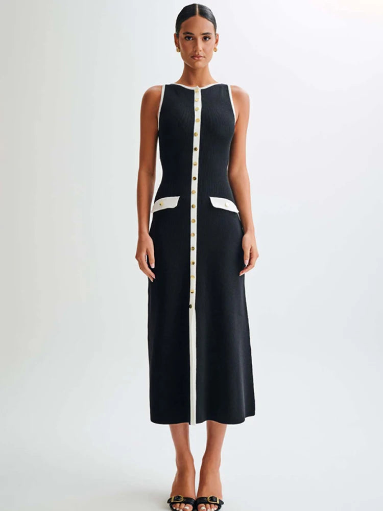 Women's Knit Ribbed Maxi Dress with High Waist, Slim Fit, and Pockets