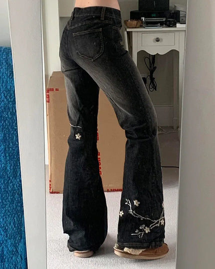 Women's Floral Embroidered Low Rise Flared Denim Jeans