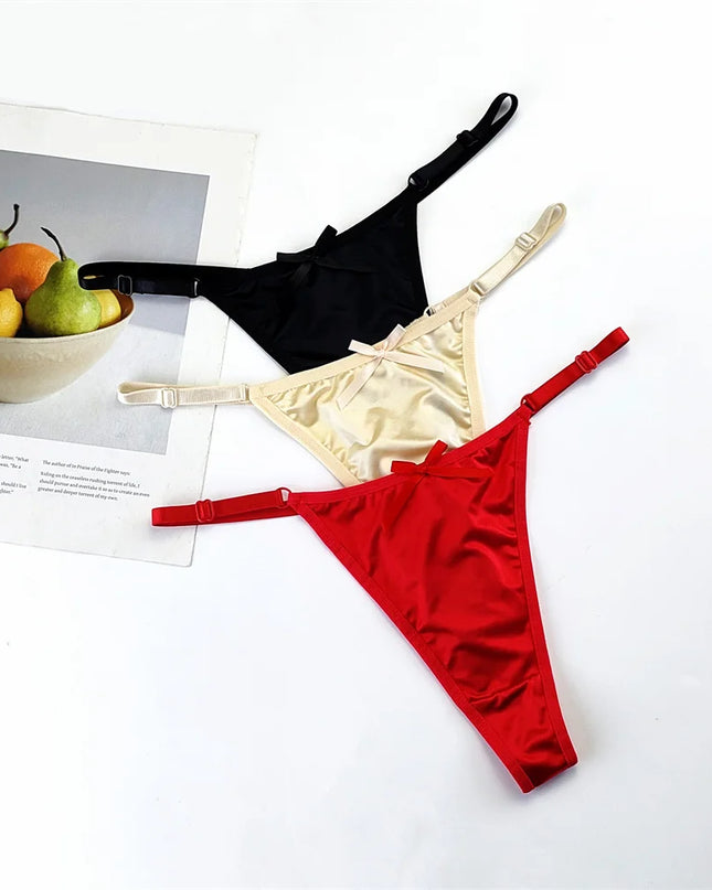 3-Piece Pink Satin Thong Set for Women - Adjustable Low Waist, Comfortable Silk Lace Underwear