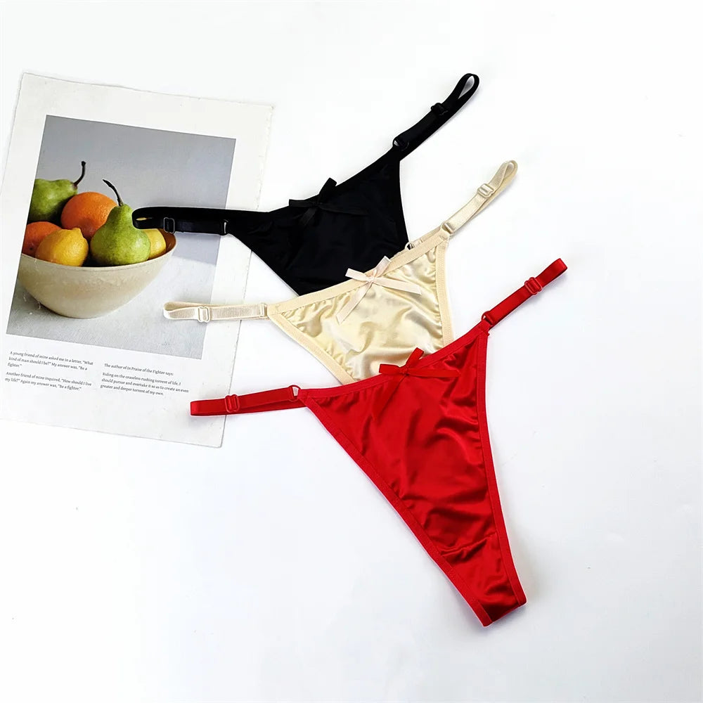 3-Piece Pink Satin Thong Set for Women - Adjustable Low Waist, Comfortable Silk Lace Underwear