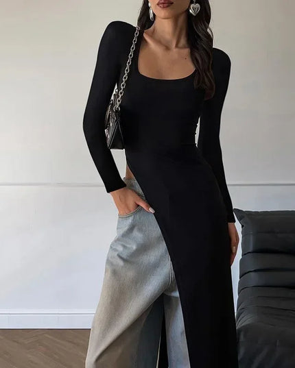 Women’s Classic U-Neck Skinny Sweater Dress with Side Slits