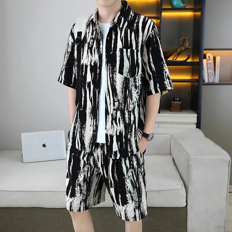 Men's Two-Piece Loose Fit Striped Shirt and Shorts Set