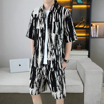 Men's Two-Piece Loose Fit Striped Shirt and Shorts Set