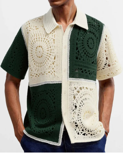 Men's Crochet Short Sleeve Casual Button-Down Shirt