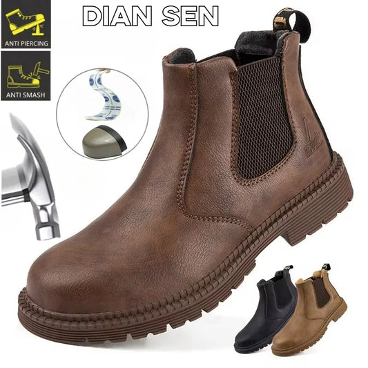 Waterproof Safety Work Shoes for Men - Steel Toe Leather Work Boots with Slip-Resistant Sole