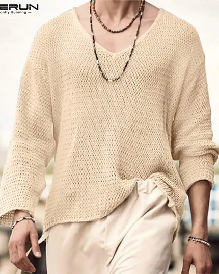 INCERUN Men's V-Neck Sweater with Mesh Design