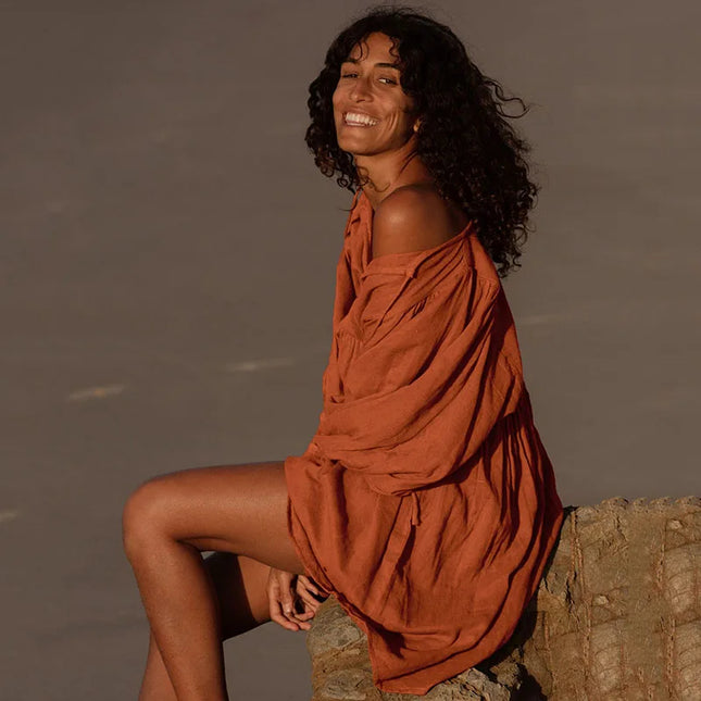 Boho Style Loose Lantern Sleeve Short Dress for Women - Vintage Oversized Bohemian Dress