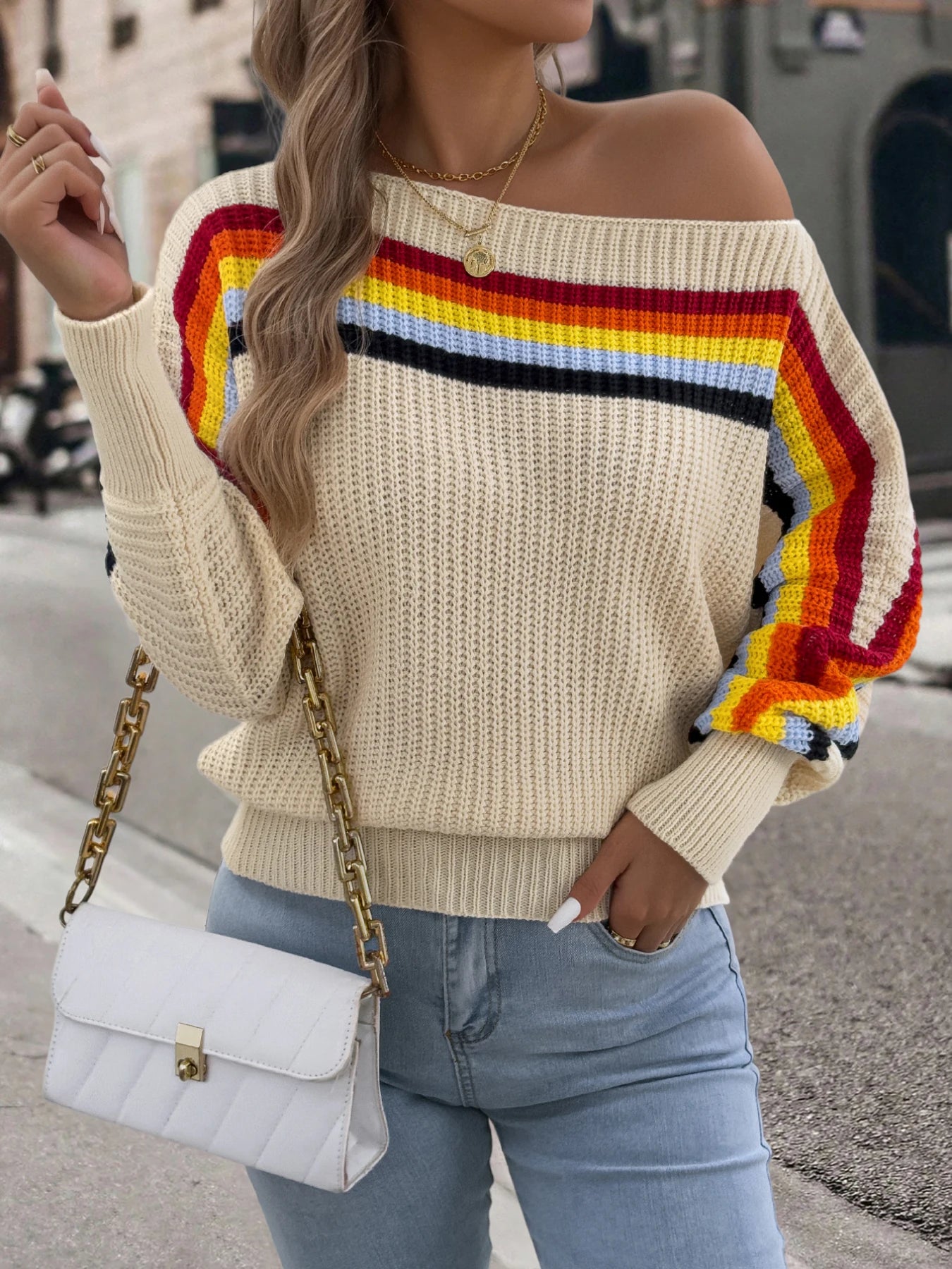 Contrast Color Striped Women's Sweater, Casual Round Neck, Long Sleeve Knitted Top