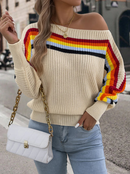 Contrast Color Striped Women's Sweater, Casual Round Neck, Long Sleeve Knitted Top