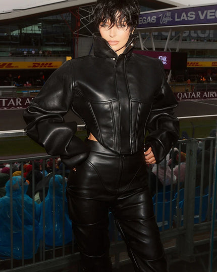 Women's Cropped Turtleneck PU Jacket with Zipper and Button Details