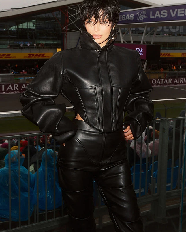 Women's Cropped Turtleneck PU Jacket with Zipper and Button Details