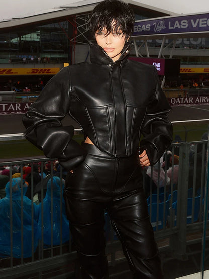 Women's Cropped Turtleneck PU Jacket with Zipper and Button Details