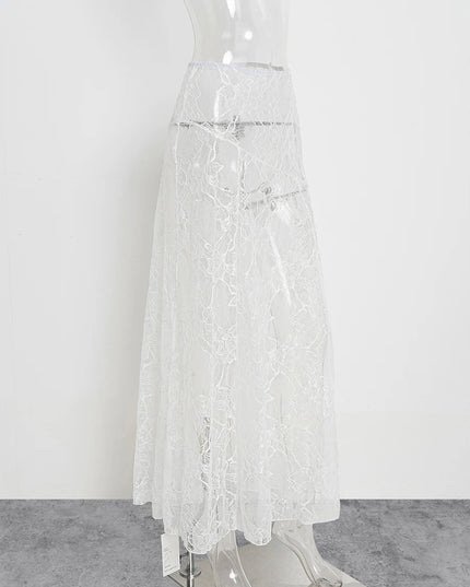 Elegant Jacquard Lace Sheer Maxi Skirt for Women with Elastic Waist and Transparent Design